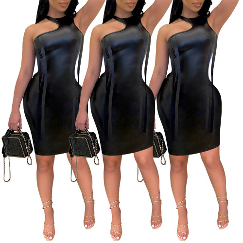 Womens ins nightclub sexy leather skirt Irregular slim-fitting streamer PU leather sense dress RM890