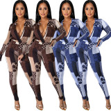 Sexy Pattern Printed V-Neck Long Split Sleeves Bodysuit With Trousers Two Piece Sets GL6309