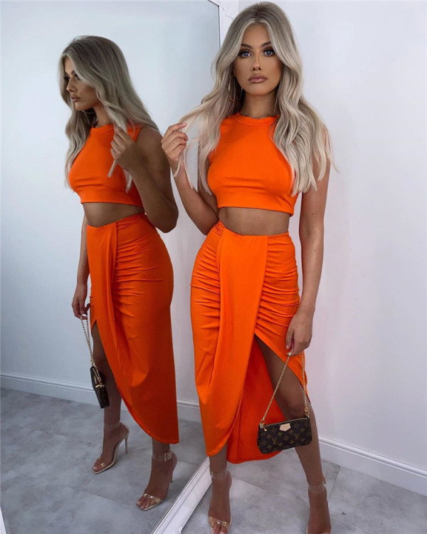 Sexy Solid Color Round Neck Sleeveless Mini Top With Split Midi Skirt Two Piece Sets SUM2440X