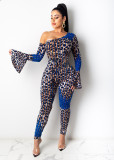 Sexy Leopard Printed One Shoulder Flared Sleeves Bodycon Jumpsuit MN8315