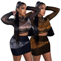 Sexy Mesh Stitching Printed Round Neck Long Sleeves Cropped Top With Mini Skirt Two Pieces Sets  K98