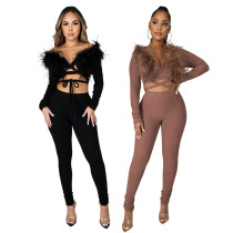 Sexy Solid Color V-Neck Long Sleeves Cropped Top With Trousers Two Piece Sets CCY8824