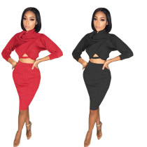 Sexy Knitting High Collar Long Sleeves Cropped Top With Mini Skirt Two Pieces Sets L0337