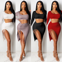 Sexy U-Neck Long Sleeves Cropped Top With Pleated Drawstring Mini Skirt Two Piece Sets XZ3761