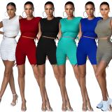 Womens solid color pleated sports shorts suit casual two-piece suit CM2103