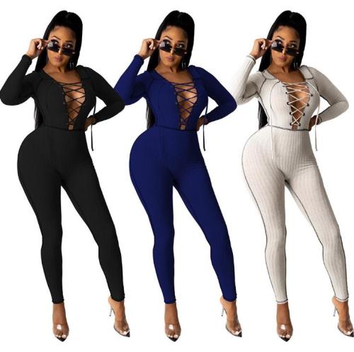 Sexy Stitching Lace-Up Long Sleeve Striped Skinny Jumpsuit W8344