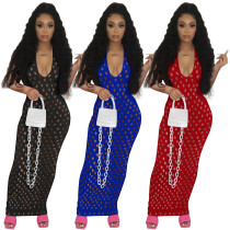 Womens Hollow Sheer Mesh Pure Color Dress Nightclub Skirt QQM4220