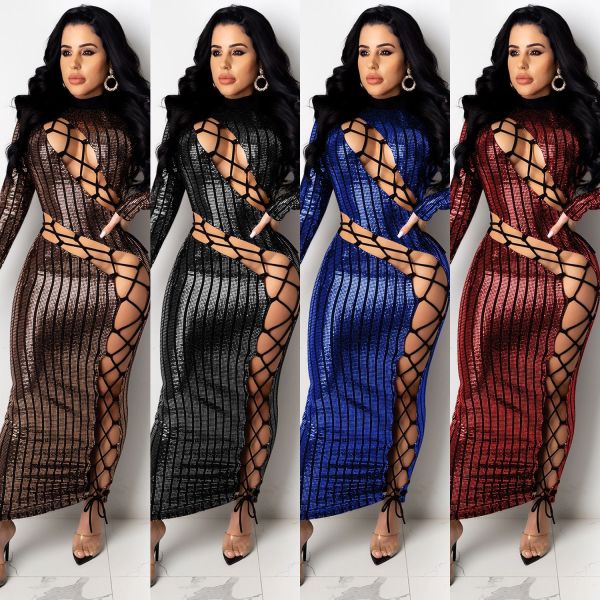 Sexy Stitching Hollow Out Round Neck Long Sleeves Lace-Up Midi Dress XZ3819