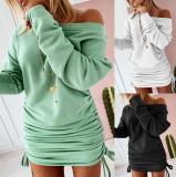 Fashion Solid Color Round Neck Long Sleeves Pleated Mini Dress ZC3840