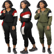 Sports Contrast Stitching Zipper V-Neck Long Sleeves Top With Trousers Plus Size Two Piece Sets ONY5