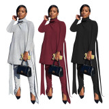 Casual High Collar Long Sleeves Split Midi Top With Stack Trousers Two Piece Sets KK5198