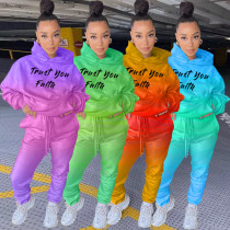 Casual Gradient Letter Printed Long Sleeves Hooded Sweater With Drawstring Trousers Two Piece Sets L