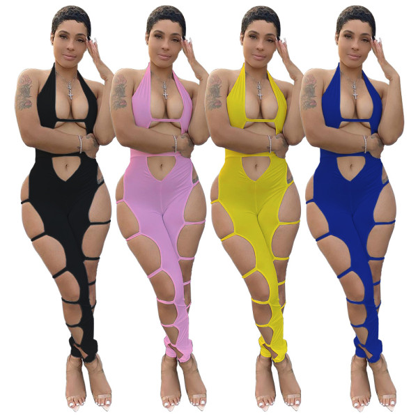 Sexy strappy hollow solid color jumpsuit BNY7172
