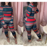 Fashion Striped Printed Knitting Long Sleeves Hollow Out Jumpsuit TS1072