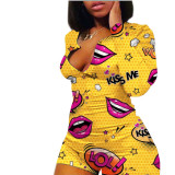 Fashion Plus Size Cartoon Printed V-Neck Long Sleeves Short Pants Jumpsuit SFY6028