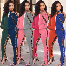 Fashion Leopard Printed Zipper Long Sleeves Cardigan With Split Trousers Two Piece Sets LSN776
