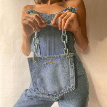 Womens new fashion all-match straps slim sexy backless denim small tube top W20S09673