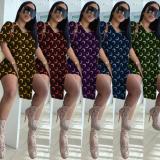 Plus size Womens fashion casual printed top high slit loose T-shirt shorts two-piece suit SM9163