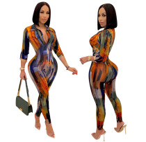 Sexy Tie Dye Printed V-Neck Long Sleeves Skinny Jumpsuit OMM1196