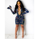 Sexy Pattern Printed V-Neck Strappy Long Flared Sleeves Mini Bodycon Dress CY1280