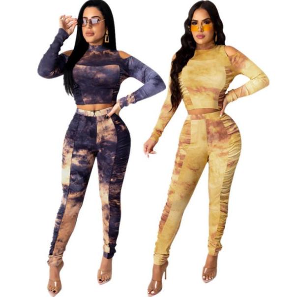 Fashion Tie Dye High Collar Long Sleeves Mini Top With Trousers Two Piece Sets YZ939