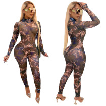 Fashion Mesh Perspective Printed Round Neck Long Sleeves Skinny Jumpsuit R3128