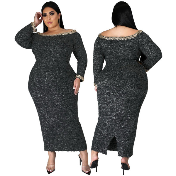 Sexy Velvet Off Shoulder Long Sleeves Midi Plus Size Dress With Gold Chain CCY1344
