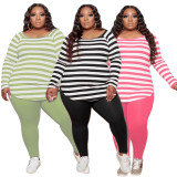 Casual Striped Round Neck Long Sleeves Top With Trousers Plus Size Two Piece Sets ONY5068