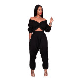 Fashion V-Neck Long Sleeves Cropped Top With Wide Leg Pants Two Pieces Sets T282