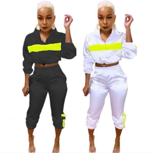 Sports Contrast Zipper Long Sleeves Cropped Top With Drawstring Trousers Two Piece Sets QY0506