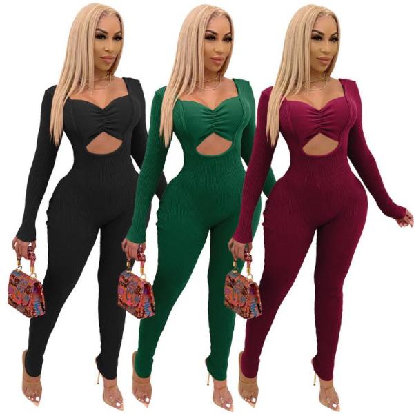 Sexy Velvet Square Collar Long Sleeves Hollow Out Jumpsuit WMZ2611