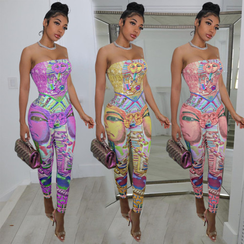 Fashion casual cartoon avatar positioning stitching 3-color sleeveless tube top halter jumpsuit ALS2