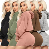 Fashion Solid Color Long Sleeves Hooded Mini Sweater With Drawstring Mini Skirt Two Piece Sets GL622