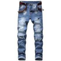 Mens ripped jeans Slim-fit straight multi-holes non-stretch cotton Mens denim trousers TX002