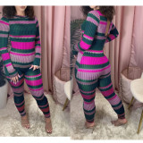 Fashion Striped Printed Knitting Long Sleeves Hollow Out Jumpsuit TS1072