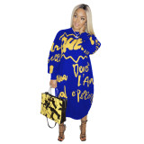 Casual Letter Printed Round Neck Long Sleeves Loose Midi Dress ALS136-2