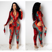 Sexy Printed Hollow Out Zipper V-Neck Long Sleeves Skinny Jumpsuit TH3572