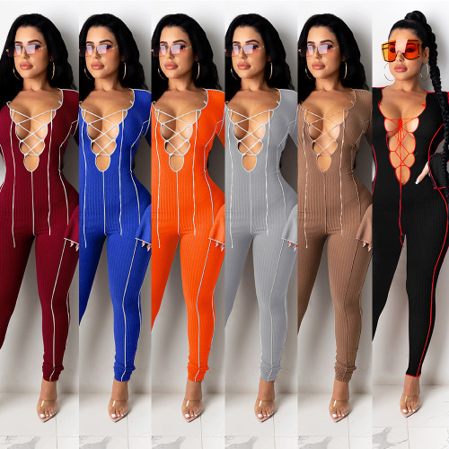 Sexy Knitting Strappy Flared Sleeves Skinny Jumpsuit F234