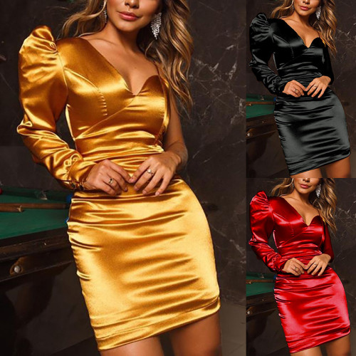 Sexy Solid Color One Shoulder Long Sleeves Mini Dress  LN128