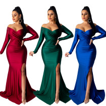 Womens sexy dress nightclub v-neck dress solid color big slit long skirt autumn and winter long slee