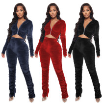 Fashion Velvet Zipper Long Sleeves Hooded Mini Cardigan With Pleated Trousers Two Piece Sets JLX6140