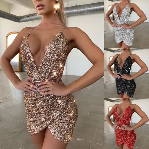 Sexy Sequins Suspenders V-Neck Backless Mini Skinny Dress W6028