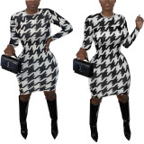 Fashion Printed Round Neck Long Sleeves Mini Bodycon Dress C3033