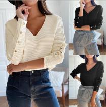 Fashion Solid Color V-Neck Long Sleeves Button Top ZC3866