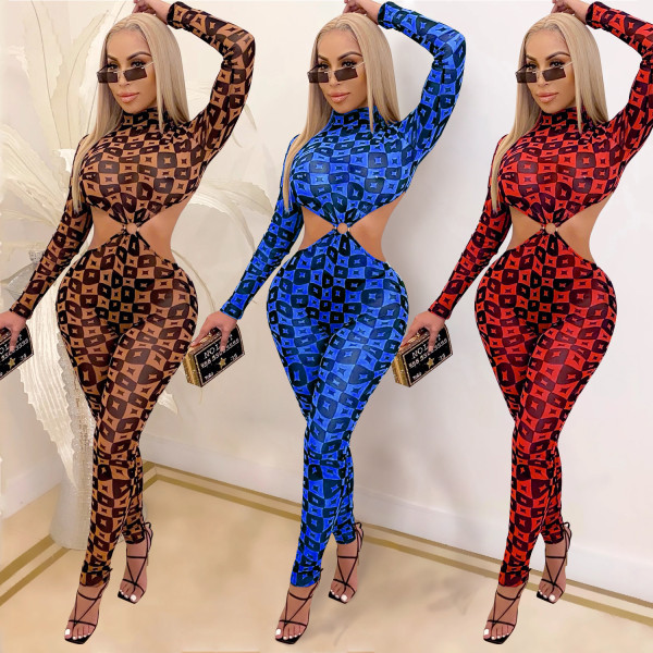 Sexy See-Through Printed High Collar Long Sleeves Backless Jumpsuit XZ3848