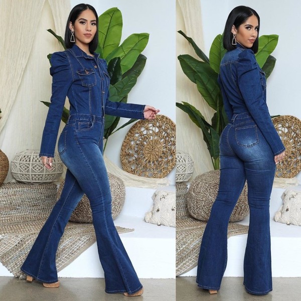 Fashion Denim Turn-Down Collar Long Sleeves Plus Size Jumpsuit  OSS20917