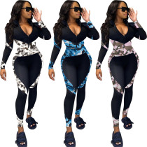 Sports Camouflage Printed Zipper V-Neck Long Sleeves Mini Top With Trousers Two Piece Sets YZL819