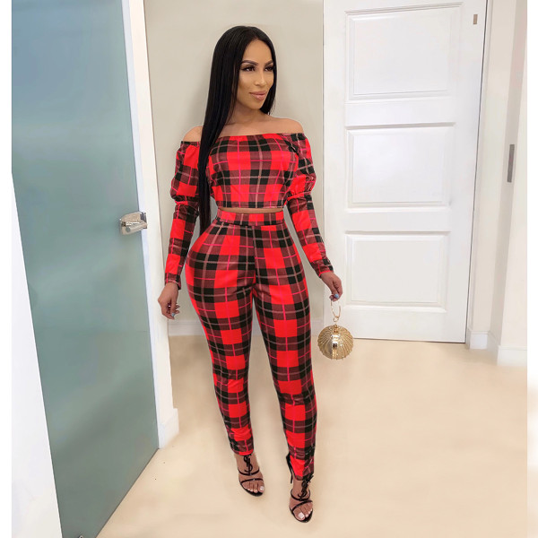 Sexy Plaid Off Shoulder Mini Top With Trousers Two Piece Sets SH7908