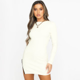 Fashion Solid Color Round Neck Long Sleeves Zipper Bodycon Dress YB9081