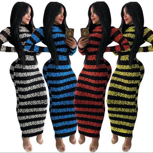 Fashion Striped Printed Round Neck Long Sleeves Midi Skinny Dress WMZ2580